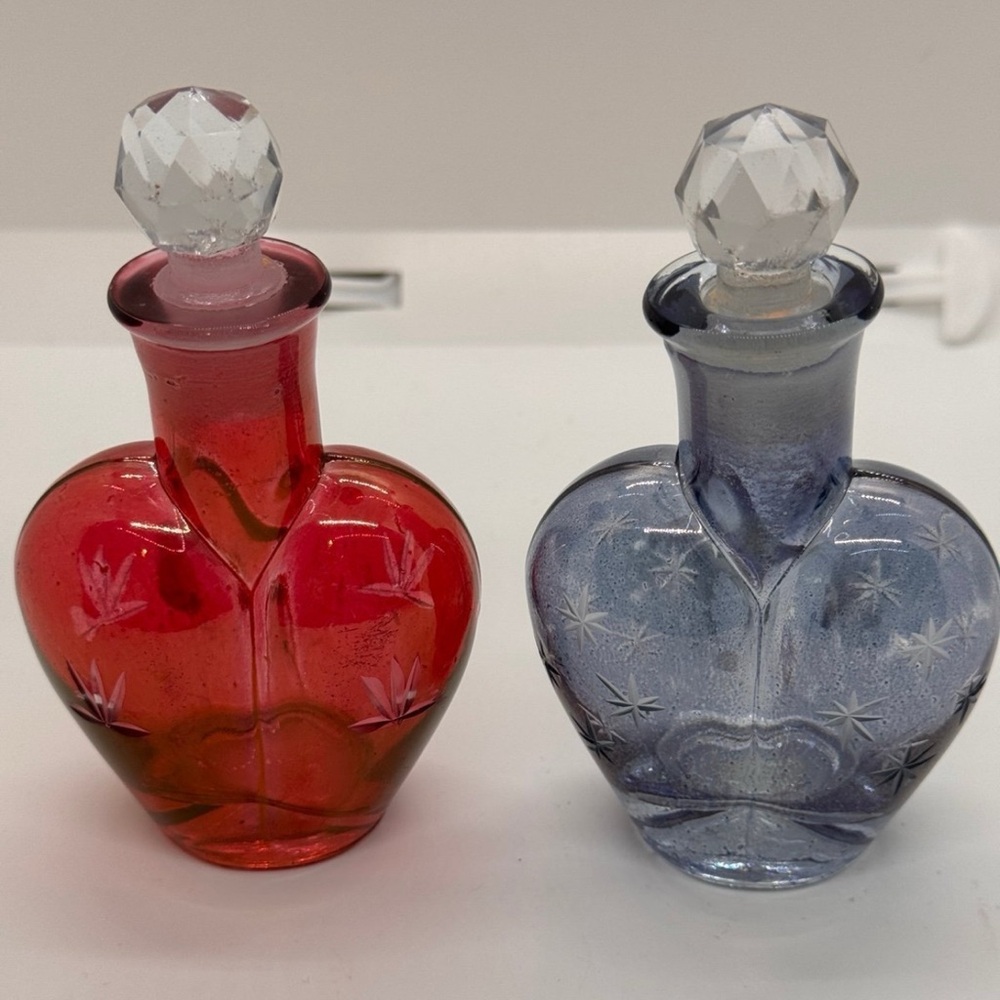 Vintage Blue/Pink Heart Shaped Perfume Bottles w/Etched Stars/Etched Flowers